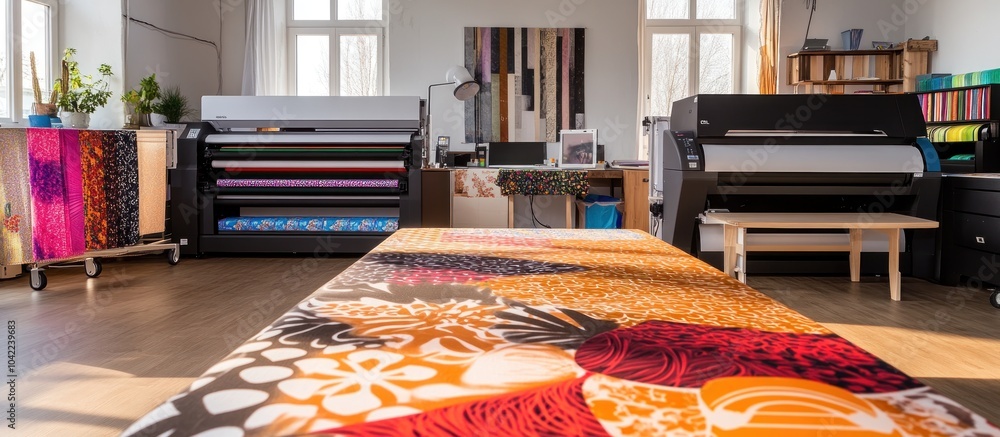 Poster large format printing machine in a studio with colorful fabric on a table.