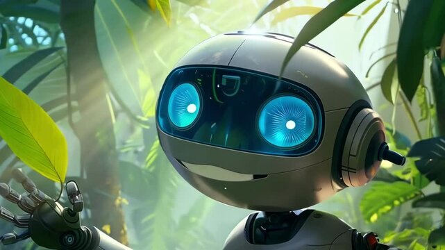 A robot is holding a leaf in a jungle setting
