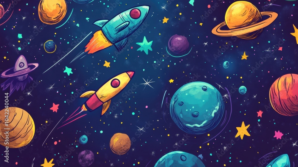 Poster a collection of whimsical cosmic doodles showcases rockets soaring alongside planets, stars, and ast