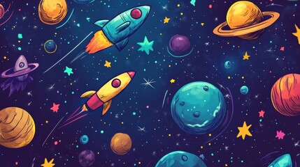 A collection of whimsical cosmic doodles showcases rockets soaring alongside planets, stars, and asteroids in a lively universe. Generative AI
