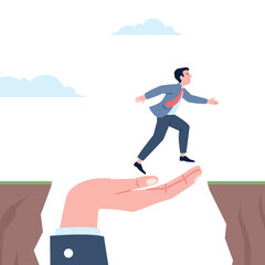 Fototapeta premium Career jump help. Hand of supporting in business or work progress. Man jumping over hole with helping of boss, job support recent vector scene
