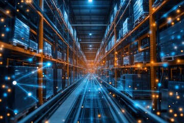 high-tech warehouse bustling with advanced electronics, automated systems sorting goods under bright led lighting, illustrating efficiency and innovation in modern logistics and storage solutions