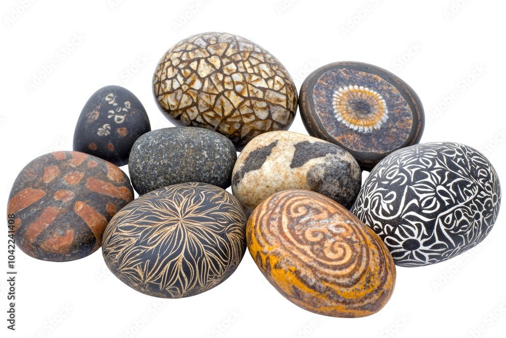 Poster a collection of uniquely patterned decorative stones arranged artfully,isolated on transparent backg
