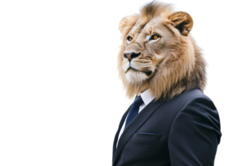 A confident businessman with lion's head, symbolizing strength and leadership,,Isolated on transparent background