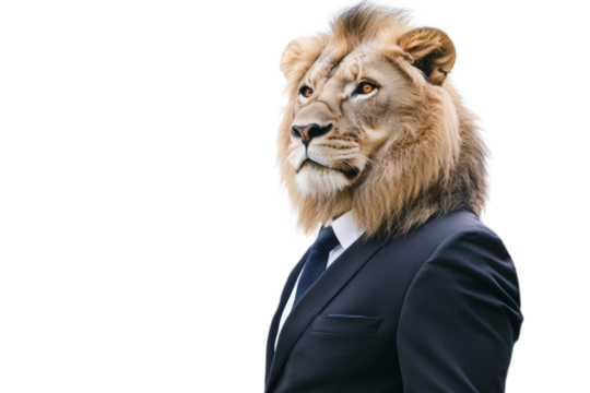 A confident businessman with lion's head, symbolizing strength and leadership,,Isolated on transparent background