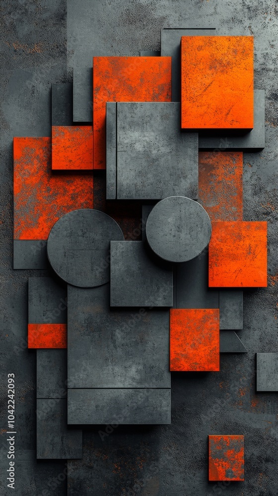 Poster abstract geometric composition with orange circles on textured gray background in modern design