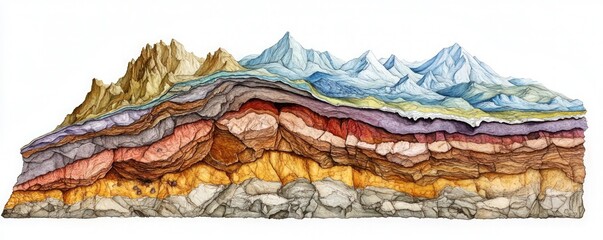 Cross-section the Earth's crust with layers rock, minerals, and tectonic plates