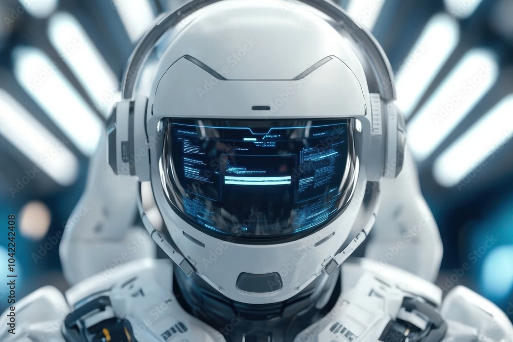 Poster advanced white robotic figure in a futuristic high-tech environment.