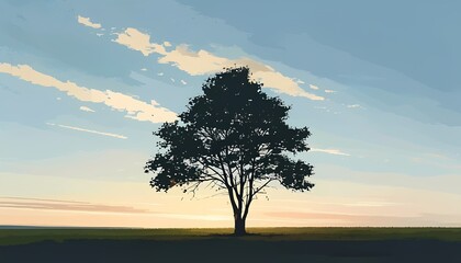 Minimalist Landscape with a Single Tree Silhouette and Vast Sky