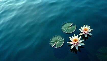 Serene water lilies and lotus leaves in turquoise water with copy space