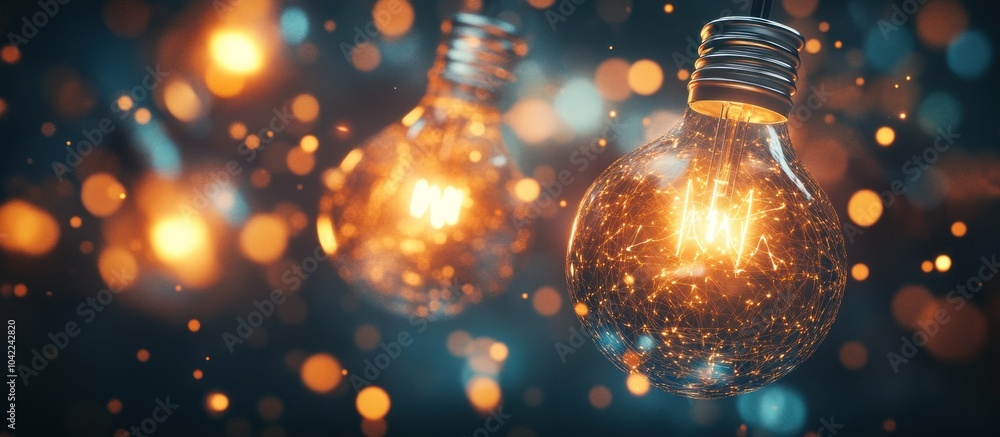 Poster a glowing light bulb with sparkling effect on a dark background with bokeh effect.