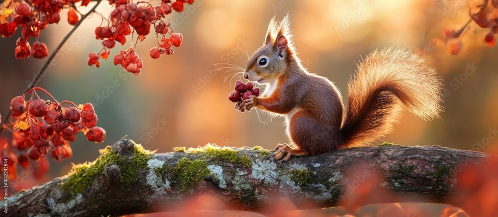 Aufkleber a squirrel sits on a tree branch, eating red berries. the squirrel is in the center of the image and