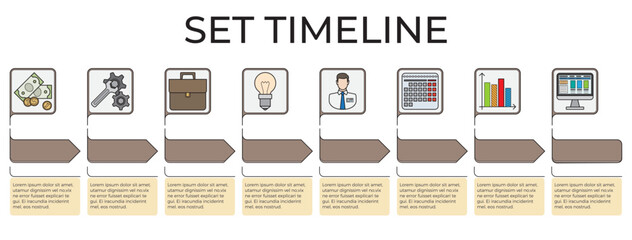 An organized sequence of steps with icons representing money, tools, a briefcase, a lightbulb, a person, a calendar, bar graphs, and a computer. Ideal for business plans, workflow management, project