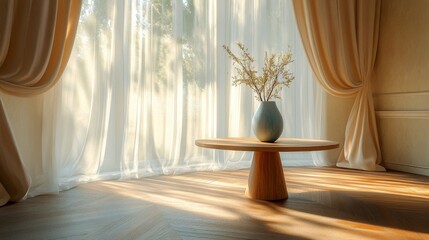 Soft light filters through sheer curtains illuminating a wooden table with a vase and flowers
