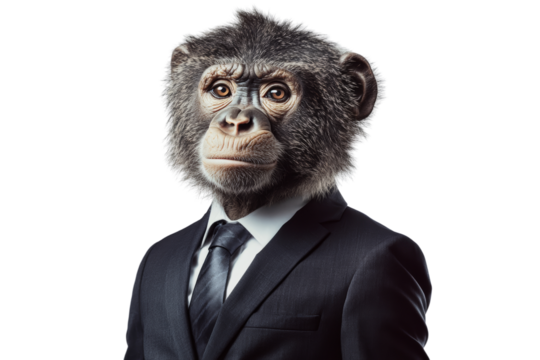 Dressed monkey in suit, exuding unique blend of professionalism and humor,Isolated on transparent background - Powered by Adobe