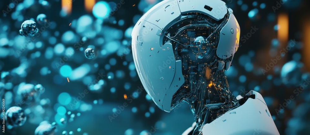 Poster closeup of a white robotic head with exposed circuitry. the robot is looking away from the camera an