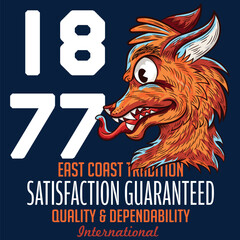 Illustration of a wolf with mountain texts, travel and excursion camping, patches and arrows that refer to a summer trip in the tranquility of nature.