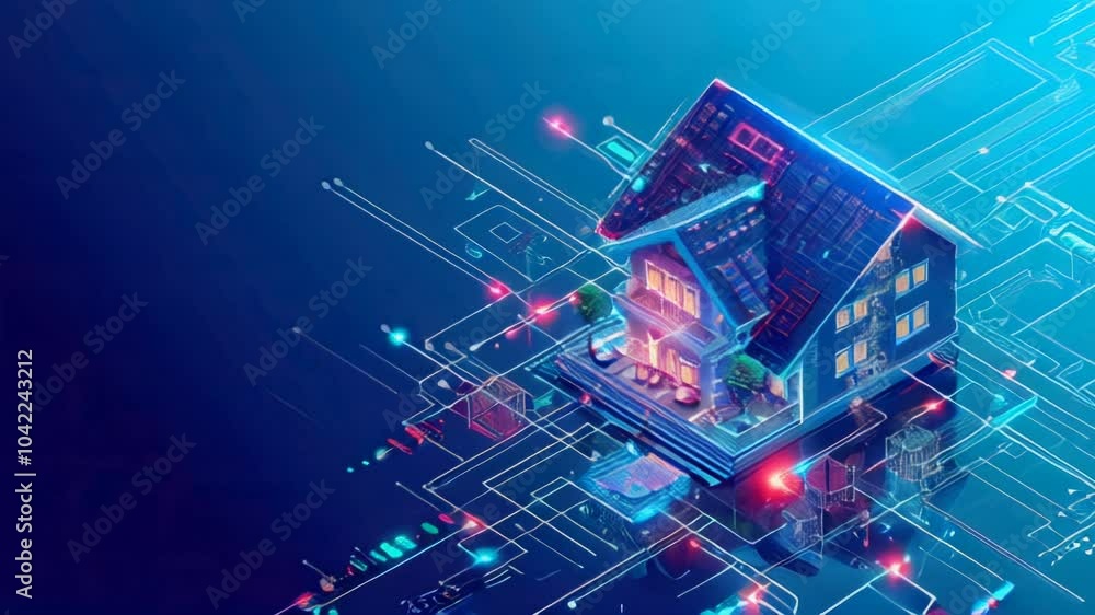 Poster smart home technology concept, house building with digits connected with icons of home smart devices
