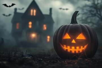 scary halloween pumpkin with orange light inside in a dark enviroment with a haunted house in the background and bats flying and smoke and 8 flags in the background 