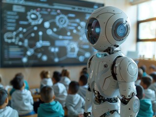A futuristic classroom where a robot teacher instructs a group of young students, showcasing the integration of AI and robotics in modern education
