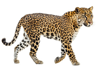 Majestic leopard walking gracefully, showcasing its stunning spotted coat and powerful physique against,Isolated on transparent background