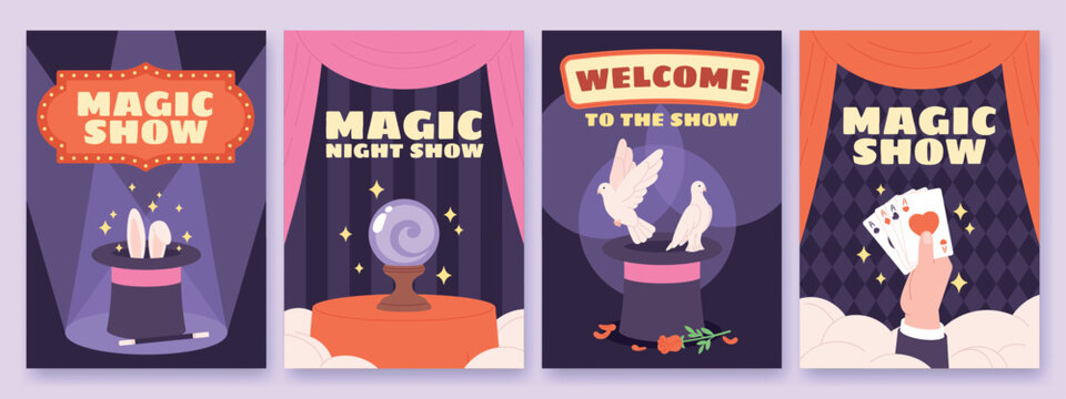 Magic show card. Illusionist shows in circus, magicians entertainment placards or posters with playing cards cylinder magic ball, racy vector design
