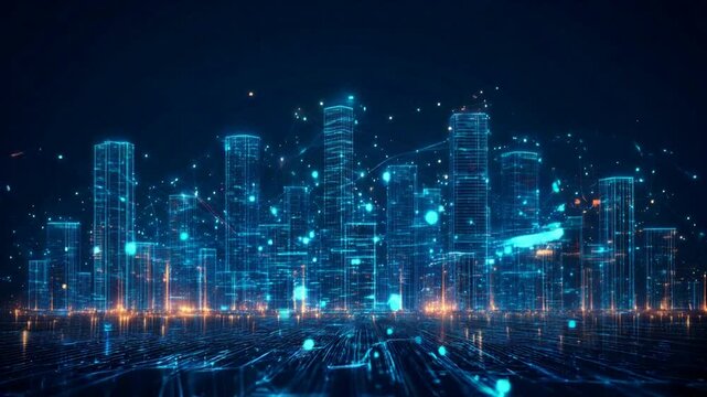 
A stunning lowpoly 3d wireframe illustration of a smart city, intricately designed with glowing binary code elements. Perfect for technology and urban development themes.
