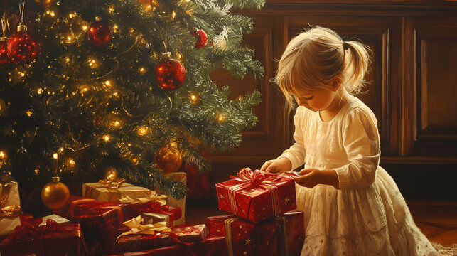 A child opening presents by the Christmas tree