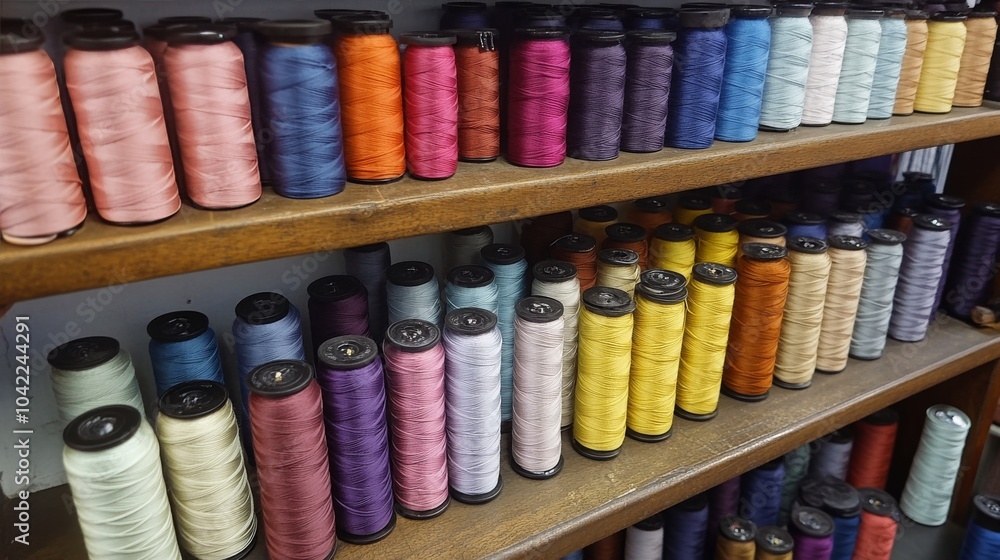 Poster a colorful array of sewing threads displayed neatly on wooden shelves in a crafting space