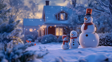 Obraz premium A snowman family having fun in a snowy yard 
