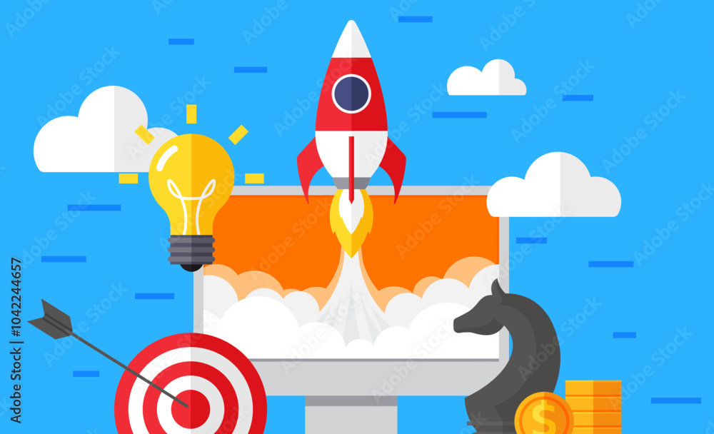 Poster space rocket flies out of computer screen. successful business start and technology. startup launch 