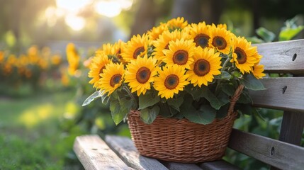 Obraz premium Vibrant sunflowers in a woven basket on a park bench during a sunny afternoon
