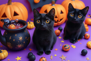 A bright purple background with fun prints of black cats, witches, and bubbling cauldrons.