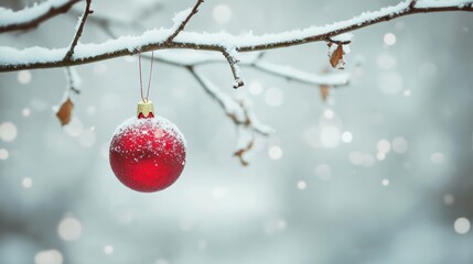 Frosted red Christmas bauble on snowy branch with winter background. Peaceful Christmas scenery.