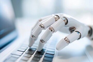 Robotic hand typing on a modern keyboard, technology concept
