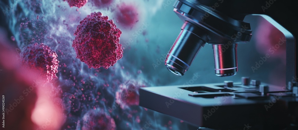 Aufkleber a microscope lens is pointed towards a large red cancer cell with other smaller cells surrounding it