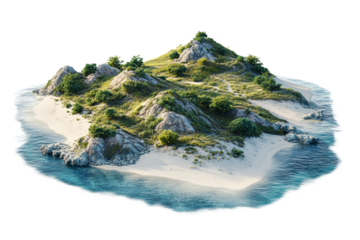 Serene tropical island featuring lush greenery and rocky formations, surrounded by clear blue waters,Isolated on transparent background