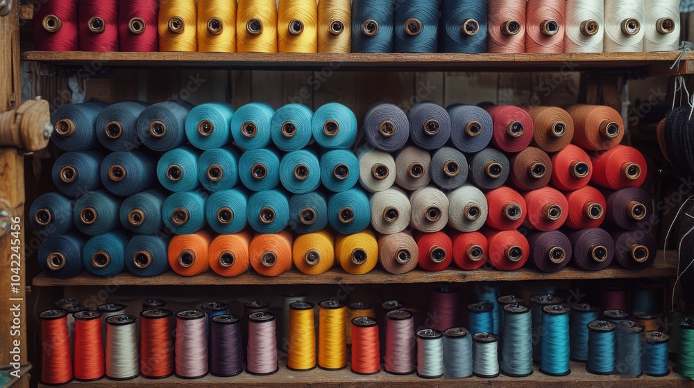Poster a colorful array of sewing threads displayed neatly on wooden shelves in a crafting space