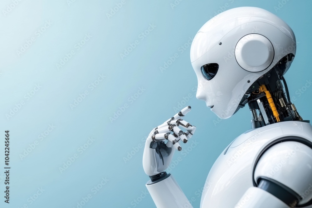 Poster advanced humanoid robot examining its hand. studio shot with blue background.