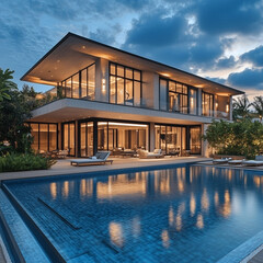 Fototapeta premium Beautiful House with a Sparkling Pool, Luxury Residential Property Featuring Modern Architecture, Outdoor Pool, and Scenic Surroundings
