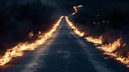 Fiery tracks from a speeding car. Roadway scene with flames burning on both sides of the road. Generative AI