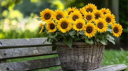 Vibrant sunflowers in a woven basket on a park bench during a sunny afternoon