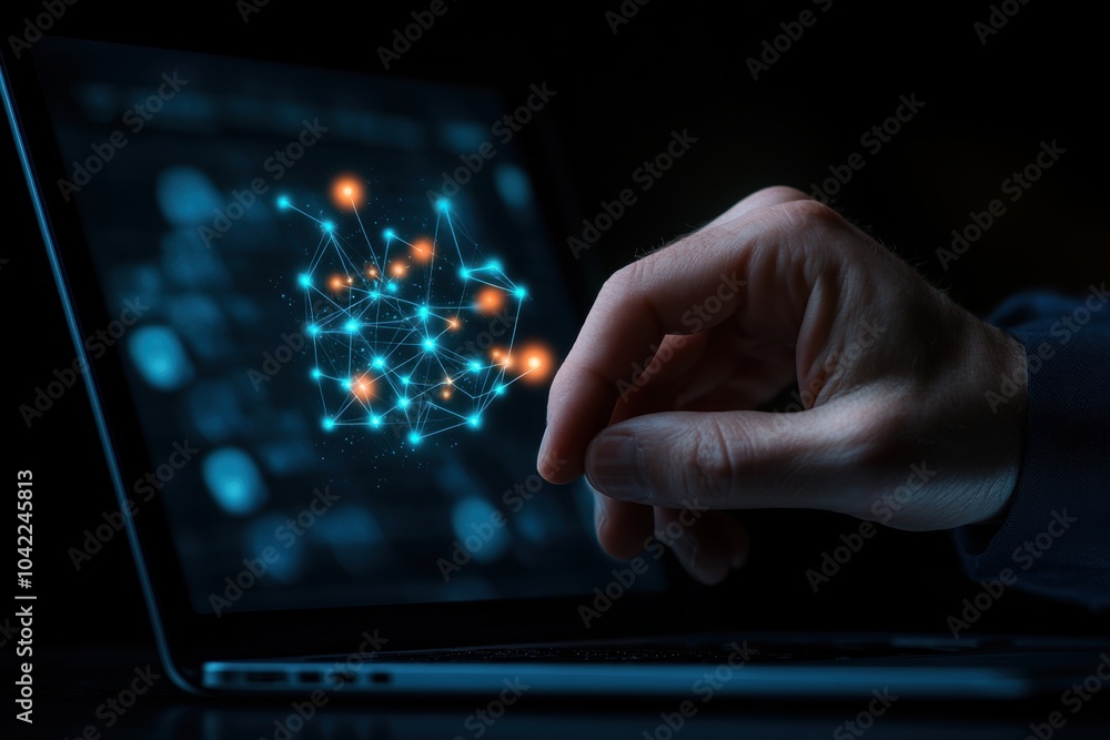 Poster human hand interacting with a digital network interface on a laptop. blue light connection points.