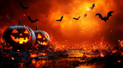 A neon orange background filled with playful pumpkins, bats, and witches casting spells.