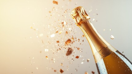 Golden champagne bottle with confetti burst on warm light background. Ideal for Merry Christmas and New Year's Eve parties.