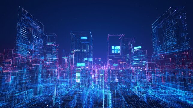 Futuristic Cityscape at Night with Digital Billboards for Cyber Monday Marketing Messages, High-Tech Urban Skyline Illustration