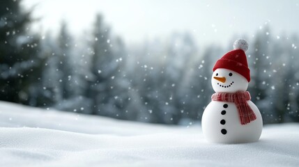 Fototapeta premium Festive snowman adorned with a scarf and hat in a snowy winter setting. Ideal for Christmas and New Year greetings.
