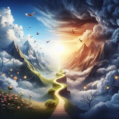 landscape with clouds and sun