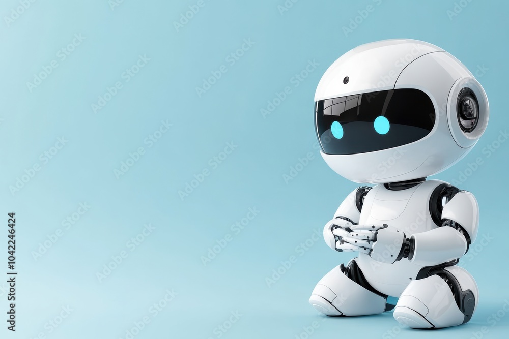 Poster white robot sitting and gesturing on light blue background. studio robot portrait. technology and co