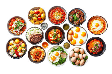Variety of delicious dishes served in bowls, featuring vibrant colors and diverse ingredients, ideal for culinary displays,Isolated on transparent background
